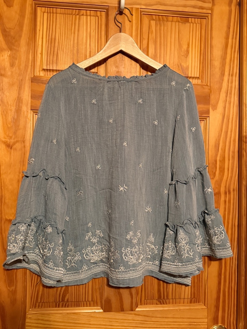 Fig and Flower Slate Blue Embroidered Ruffle-Sleeve Blouse - Picture 8 of 10